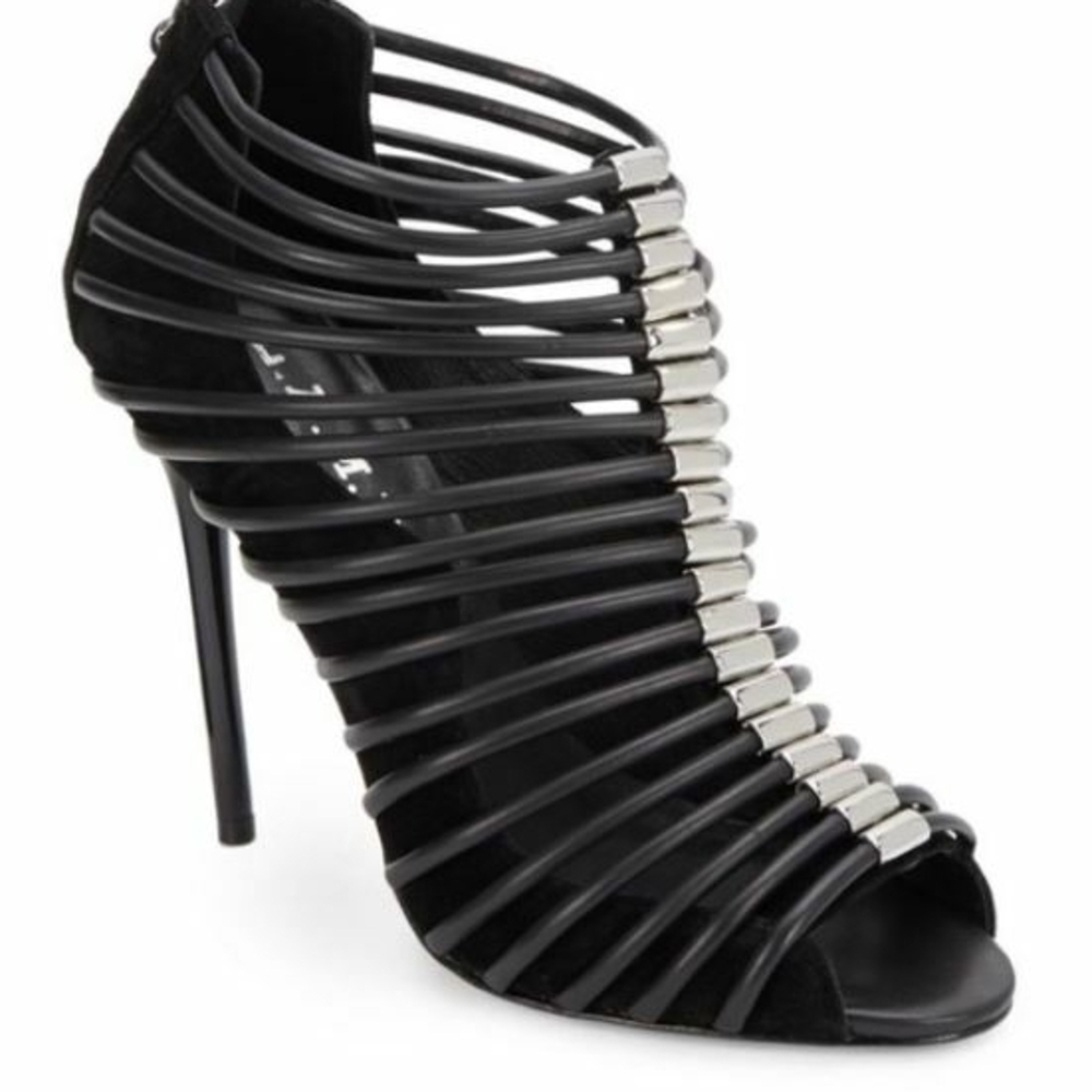 L.A.M.B. Black and Silver Strappy Heels